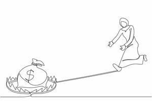 Single continuous line drawing money trap business. Arabian businesswoman running to catch money bag in the steel bear trap. Metaphor of greedy financial risk and bad solutions. One line design vector