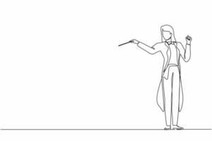 dibujo de una línea continua mujer directora de orquesta de música. músico femenino en traje de esmoquin con gestos de brazo. conductor expresivo dirige la orquesta durante la actuación. vector de diseño de dibujo de una sola línea