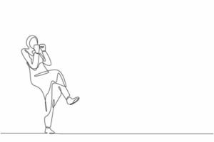 Continuous one line drawing happy Arab businesswoman standing with fold one leg and do yes gesture with both hands. Office worker celebrate success of company project. Single line draw design vector