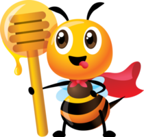 kartong sött bi med superhjälte mantel kostym och hålla honungsbock. söta bi känns gott med honung. bee maskot karaktär png