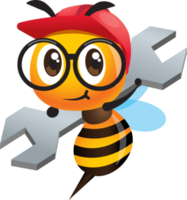 Cartoon cute worker bee wearing safety helmet and eye glasses while carrying a big spanner. Bee character illustration png