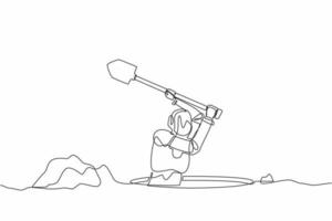 Continuous one line drawing robot digging in dirt using shovel. Humanoid robot cybernetic organism. Future robotics development. Treasure digging. Single line draw design vector graphic illustration