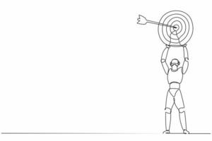 Single one line drawing robot lifting up big target with accurate arrow. Future technology development. Artificial intelligence and machine learning process. Continuous line draw design graphic vector