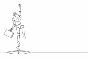 Continuous one line drawing robot flying with briefcase coming out of holes. Humanoid robot cybernetic organism. Future robotics development concept. Single line design vector graphic illustration