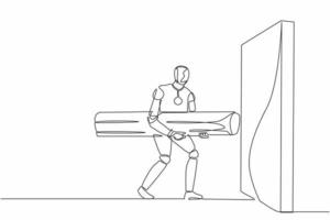 Single one line drawing robot holding large log to destroying wall. Future technology development. Artificial intelligence and machine learning process. Continuous line draw design vector illustration