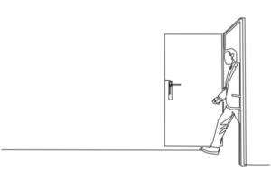 Single continuous line drawing businessman on white background walking through an open door frame. New business ventures. Entering new market. Career growth. One line draw design vector illustration