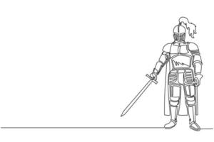 Single one line drawing medieval knight in armor, cape, helmet with feather. Warrior of middle ages standing, holding sword. Medieval heraldry symbol. Continuous line draw design vector illustration