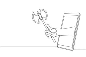 Single continuous line drawing hand holding two-sided axe through mobile phone. Concept of video games, e-sport, entertainment application for smartphones. Dynamic one line draw graphic design vector