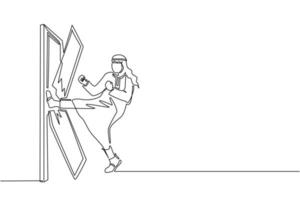 Single one line drawing Arab businessman kicks the door until door shattered. Man kicking locked door and destroy. Business concept of overcoming obstacles. Continuous line draw design graphic vector