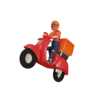 Personagem de entregador de renderização 3D com objeto de ilustração de scooter png