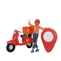 Personagem de entregador de renderização 3D com objeto de ilustração de scooter png