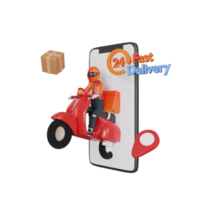 Personagem de entregador de renderização 3D com objeto de ilustração de scooter png