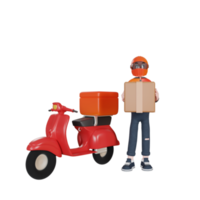 Rendering 3d personaggio uomo di consegna con oggetto illustrazione scooter png