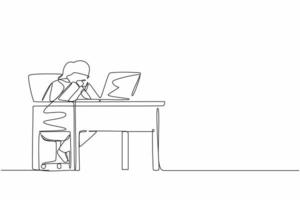 Continuous one line drawing pensive businesswoman working at laptop. Frustrated female in doubt with hand on chin gesture. Work at home office. Remote job, workplace. Single line draw design vector
