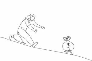 Single continuous line drawing Arab businessman chasing money bag dollar run away. Concept of achieving goals and profits, striving for success, running for money. One line draw graphic design vector