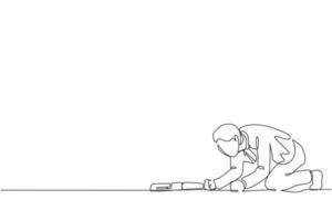 Single one line drawing depressed businessman with briefcase crawling in despair on the floor. Frustrated office worker mental health problems. Continuous line draw design graphic vector illustration