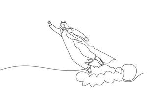 Single continuous line drawing Arab businessman superhero flies up and leaves cloud of dust. Super worker in cloak takes off. Power and uniqueness business concept. One line draw graphic design vector