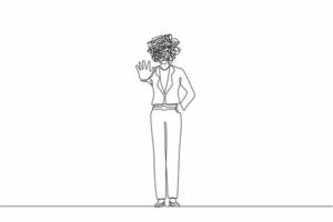 Single continuous line drawing businesswoman with round scribbles instead of head. Angry business woman or strict boss standing, rejecting something with stop hand gesture. One line draw design vector