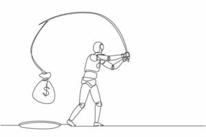 Continuous one line drawing robot holding fishing rod got big money bag from hole. Humanoid robot cybernetic organism. Future robotics development. Single line draw design vector graphic illustration