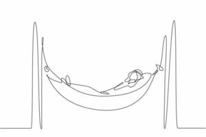 Continuous one line drawing Arabian businessman is lying in hammock and dreaming about big money. Comfort and recreation. Achieve financial freedom. Single line draw design vector graphic illustration