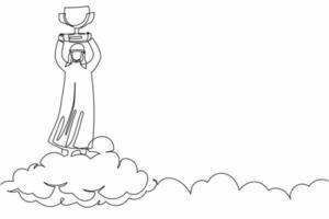 Continuous one line drawing Arabian businessman holding trophy in cloud. Office worker celebrates victory in sky. Business success goal achievement. Single line draw design vector graphic illustration