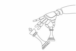 mano de robot de dibujo de una línea continua sosteniendo peón de ajedrez para derribar al rey de ajedrez. mate. organismo cibernético robot humanoide. futuro concepto de desarrollo de robótica. gráfico vectorial de diseño de una sola línea vector