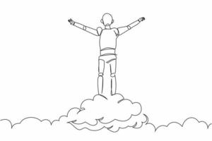 Single one line drawing robot on top of cloud with raised hand. Future technology development. Artificial intelligence and machine learning processes. Continuous line draw design vector illustration