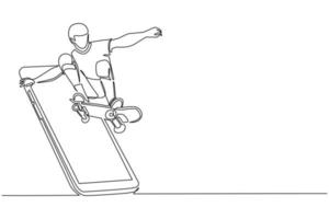 un hombre patinador de dibujo de una línea continua montando patineta y haciendo trucos de salto saliendo de la pantalla del teléfono inteligente. Partidos deportivos móviles. aplicación móvil de patineta en línea. vector de diseño de dibujo de una sola línea