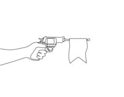 Continuous one line drawing hand holding shooting toy gun pistol with empty flag. Weapon pistol toy isolated. Element of joke surprise day icon. Single line draw design vector graphic illustration