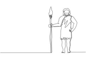 Continuous one line drawing primitive archaic man wearing clothes made of animal skin and holding spear. Early human, caveman, warrior or hunter from stone age. Single line draw design vector graphic