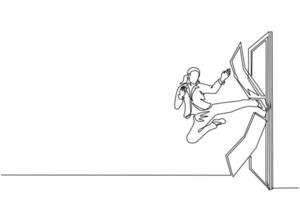 Single one line drawing businesswoman kicks the door with flying kick until door shattered. Man kicking locked door. Business concept of overcoming obstacles. Modern continuous line draw design vector