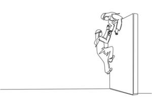 Single continuous line drawing Arab businessman helping another businessman climb wall. Confident successful leading businessman helping another one to get over brick wall. One line draw design vector