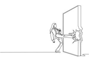 Continuous one line drawing Arab businesswoman doing kung fu or karate kick to destroy brick wall. Business concept of obstacle, solution. Obstruction ruined with force. Single line draw design vector