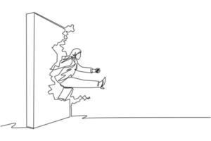 Single one line drawing Arabic businesswoman run and breaking through brick wall. Leadership concept. Business concept of obstacle and solution. Continuous line draw design graphic vector illustration