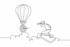 Continuous one line drawing female manager riding forward arrow and using monocular to see business vision on hot air balloon. Professional businesswoman. Single line draw design vector illustration