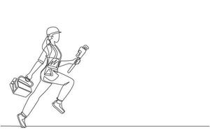 Single continuous line drawing mechanic repairwoman worker with tools is running. Technical service. Plumber with monkey wrench, toolbox run forward. One line draw graphic design vector illustration