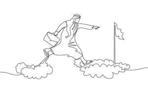 Continuous one line drawing fearless brave Arabic businessman make risk by jump over clouds to reach his success target or flag. Challenge of his career. Single line design vector graphic illustration