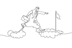 Continuous one line drawing fearless brave Arabic businessman make risk by jump over clouds to reach his success target or flag. Challenge of his career. Single line design vector graphic illustration