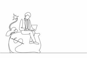 Continuous one line drawing sweating businessman sitting on huge bomb with burning fuse and money bag. Financial problems, taxation burden or business debt, deadline. Single line draw design vector