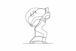 Single continuous line drawing Arabian businesswoman carrying big and heavy money bag on her back. Financial problems, taxation burden or business debt, deadline. One line draw graphic design vector