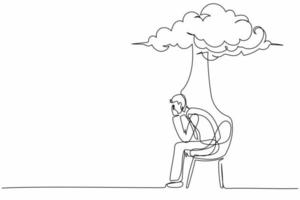 Continuous one line drawing worried businessman sitting on chair under rain cloud. Concept of business failure, collapse economy, economic crisis. Single line draw design vector graphic illustration