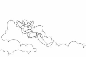 Single continuous line drawing robot relaxing laying on clouds. Break, vacation, coffee time and relaxation. Modern robotic artificial intelligence. One line draw graphic design vector illustration