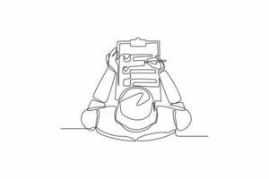 Single continuous line drawing robots check document on clipboard. Modern robotics artificial intelligence technology. Electronic technology industry. One line draw graphic design vector illustration