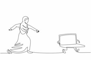 Single continuous line drawing Arab businesswoman try to chase laptop. Female manager works in office who has deadlines and tasks. Business metaphor. One line draw graphic design vector illustration