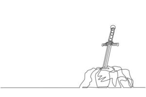 espada excalibur de dibujo continuo de una línea atascada o atrapada en piedra. escena icónica de las historias europeas medievales sobre el rey arturo. hoja antigua atascada en roca de piedra. vector de diseño de dibujo de una sola línea
