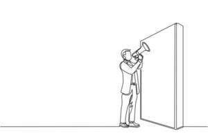 Continuous one line drawing businessman holding megaphone standing in front of wall. Man shouts on megaphone. Leader announces career promotions. Single line draw design vector graphic illustration