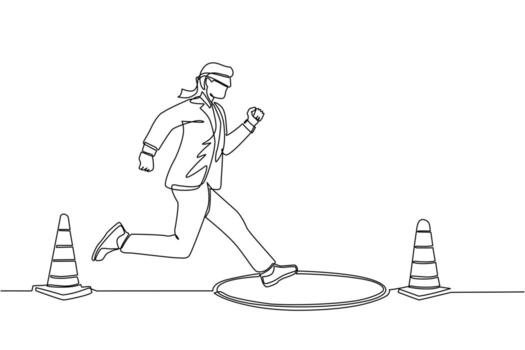 Continuous one line drawing blindfolded businessman running to find money with pit hole. Man runs to business trap. Blind investment concept. Metaphor. Single line design vector graphic illustration