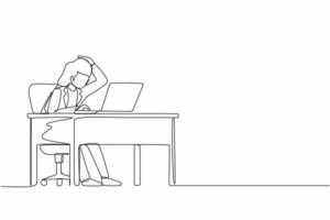 Single continuous line drawing female manager working on computer laptop. Woman with question mark over head scratches back of her head sitting in front of laptop. One line draw graphic design vector