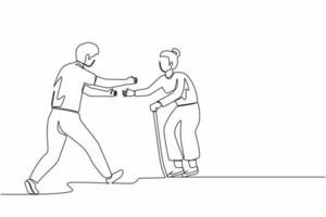 Single continuous line drawing happy man running to meet grandmother. Vacation at grandparents home. Mother, senior female, retired, summertime, holiday. One line graphic design vector illustration