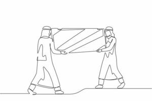 Single one line drawing male loaders carrying big mirror to new office. Two Arab businessmen with furniture in building hall. Moving to new apartment. Continuous line draw design vector illustration